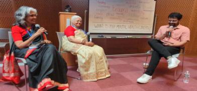Intergenerational panel at the ‘Storytelling for healing’ segment: (L-R) Beena Sarwar with her mother Prof. Zakia Sarwar and moderator Furqan Sayeed, a former volunteer editor at Sapan News. Photo by Pragyan Srivastava. Intergenerational panel at the ‘Storytelling for healing’ segment: (L-R) Beena Sarwar with her mother Prof. Zakia Sarwar and moderator Furqan Sayeed, a former volunteer editor at Sapan News. Photo by Pragyan Srivastava.